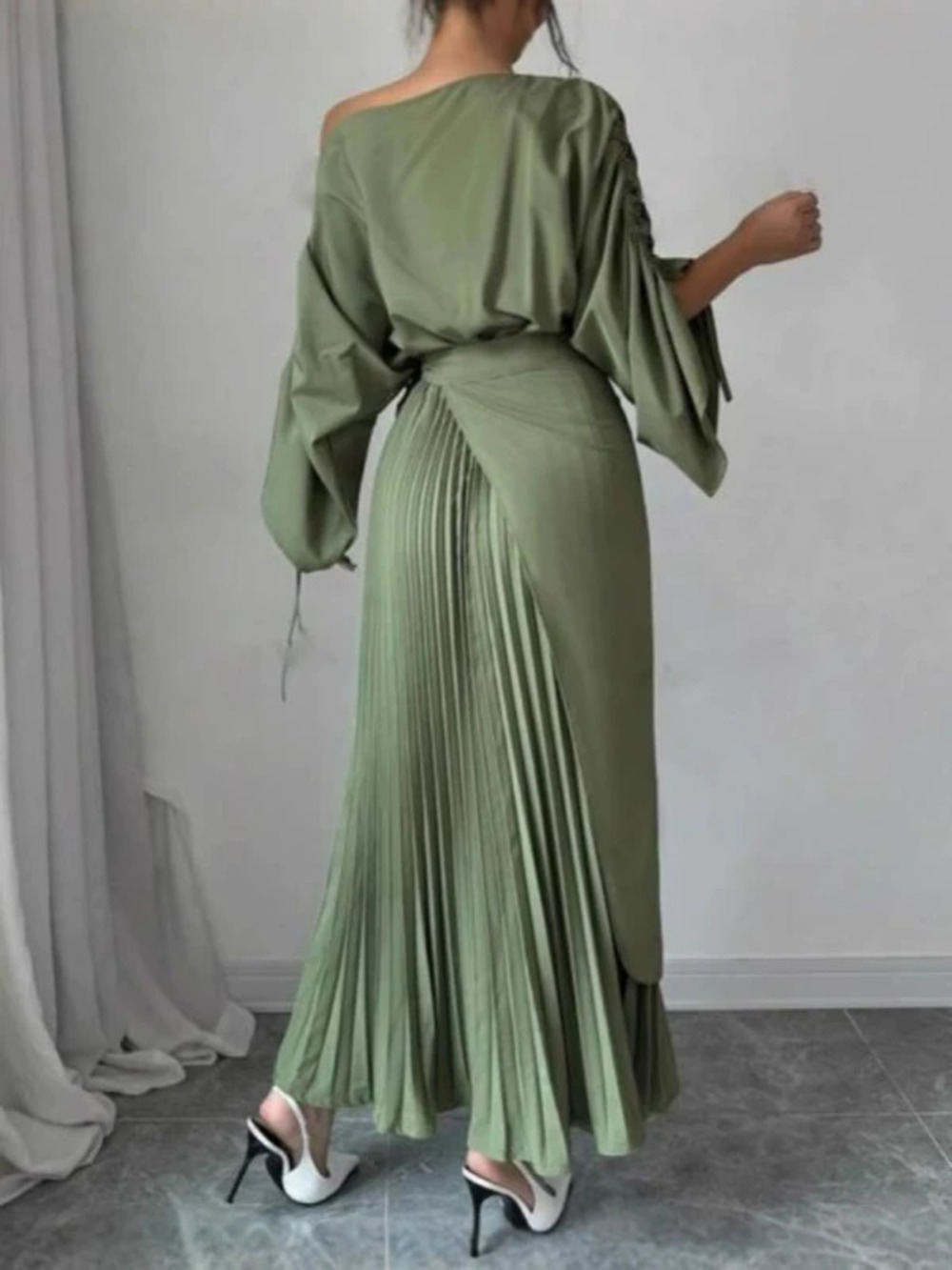Womens Fall Winter Pleated Flared Belted Evening Dress